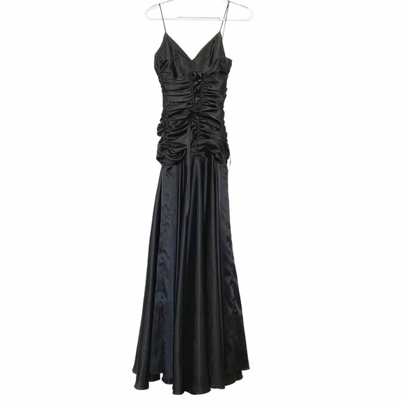 JUNO  BLACK SATIN CINCHED SLEEVELESS EVENING GOWN DRESS - XS - Picture 2 of 8